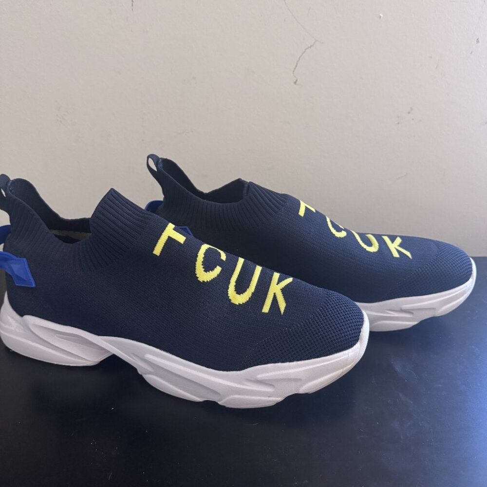 French Connection Sock Sneakers in Navy Blue w/ Yellow "FCUK", Men's US 13 - Picture 2 of 6
